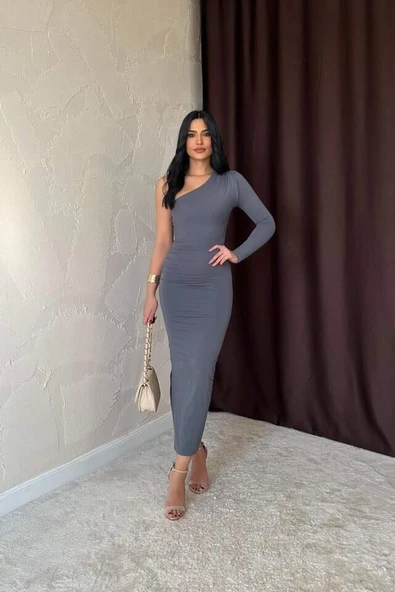 Gri Büzgü Detaylı Tek Omuz Elbise - 2