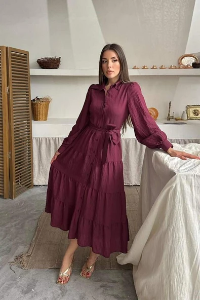 Bordo Çizgi Desenli Uzun Elbise - 3