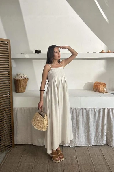 Bej Askılı Pileli Keten Elbise - 2