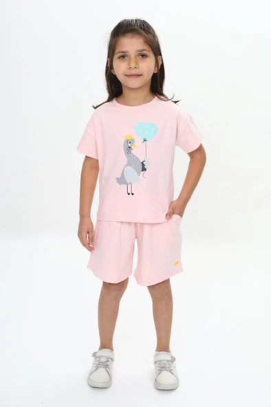 Toontoy Kız Çocuk Ördek Baskılı Şortlu Takım