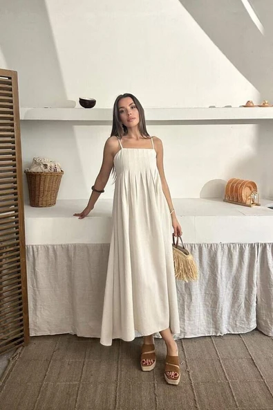 Bej Askılı Pileli Keten Elbise - 3