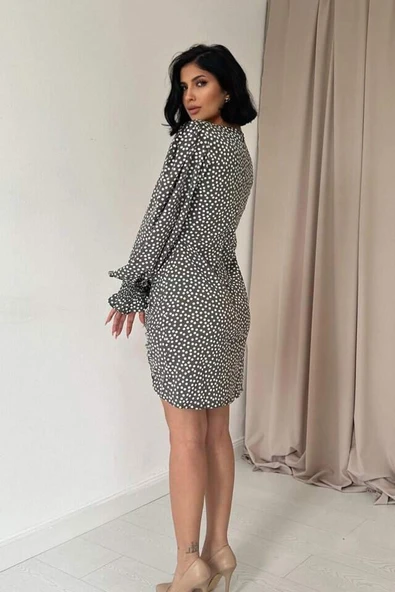 Haki Puantiyeli Önü Büzgülü Elbise - 4