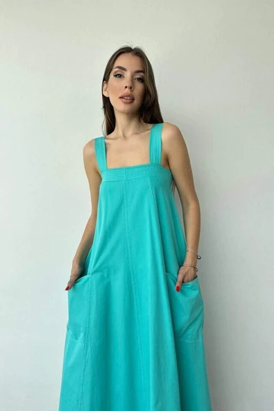 Mint Askılı Cepli Elbise - 2