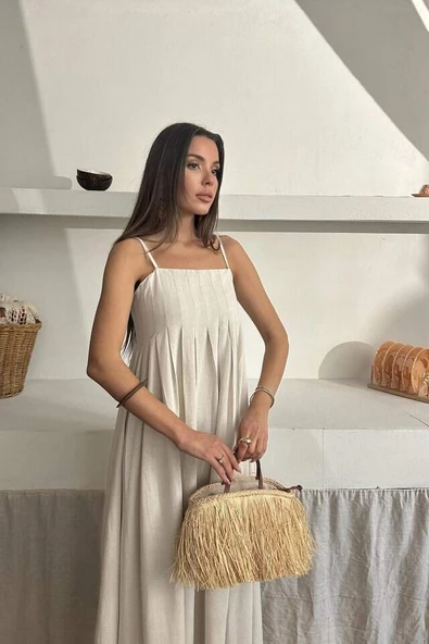Bej Askılı Pileli Keten Elbise - 4
