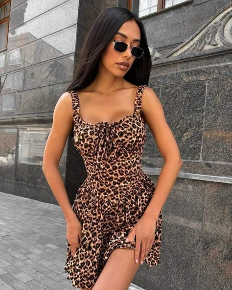Kadın Dalgıç Kumaş önden Bağlamalı Leopar Desenli Elbise