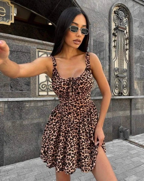 Kadın Dalgıç Kumaş önden Bağlamalı Leopar Desenli Elbise - 4