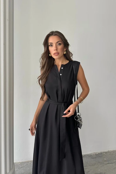 KETEN ELBİSE KOLSUZ BEL BAĞLAMALI MAXİ ELBİSE - Siyah - 2