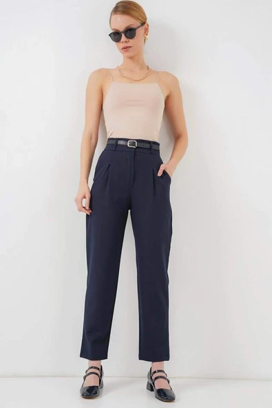 Pileli Kemerli Kumaş Pantolon 6725 - Lacivert