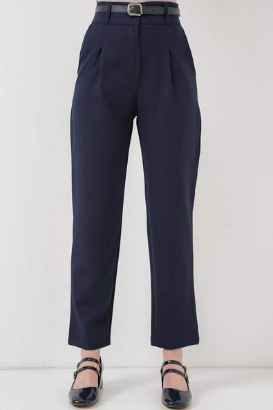 Pileli Kemerli Kumaş Pantolon 6725 - Lacivert - 4