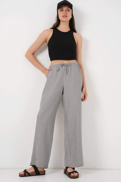 Geniş Paça Keten Pantolon 6735 - Gri