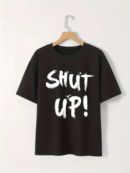 Baskılı Oversize Bisiklet Yaka T-shirt - Siyah