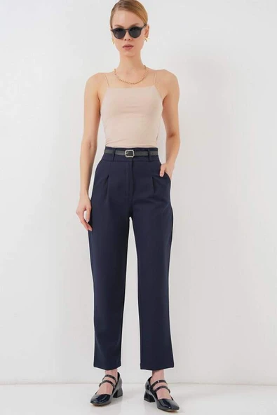 Pileli Kemerli Kumaş Pantolon 6725 - Lacivert - 3