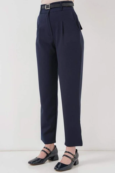 Pileli Kemerli Kumaş Pantolon 6725 - Lacivert - 2