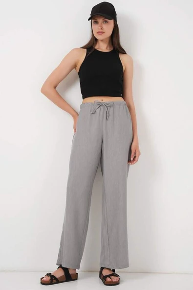 Geniş Paça Keten Pantolon 6735 - Gri - 3