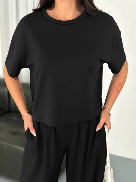 Osy Modal Yumuşak Dokulu Kumaş Bisiklet Yaka T-shirt Bol Paça Pantalon Ikili Takım -Siyah - 2