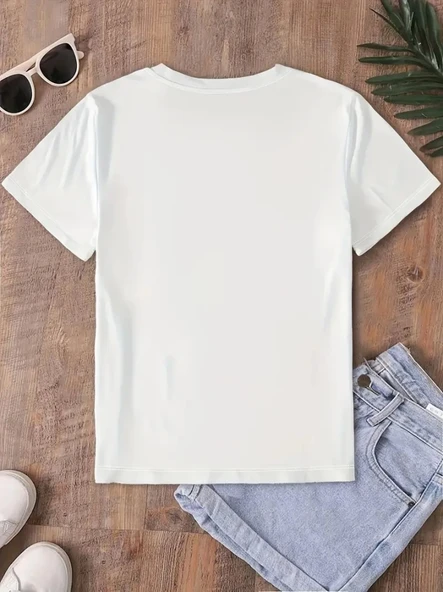 Fiyonk Baskılı Oversize Bisiklet Yaka T-shirt - Beyaz - 3