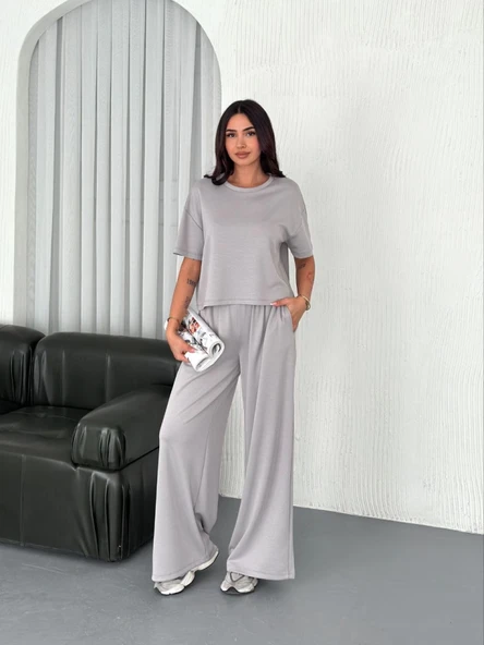 Osy Modal Yumuşak Dokulu Kumaş Bisiklet Yaka T-shirt  Bol Paça Pantalon Ikili Takım - Boyalı Gri - 4