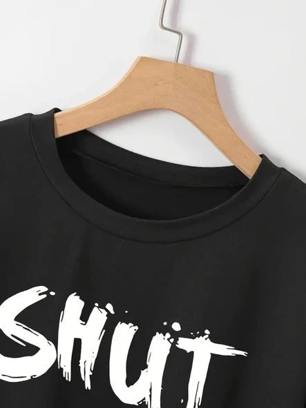 Baskılı Oversize Bisiklet Yaka T-shirt - Siyah - 2