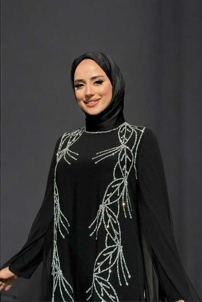 Kolları Pelerinli Taş Detaylı Abiye Elbise 3958 Siyah - 4