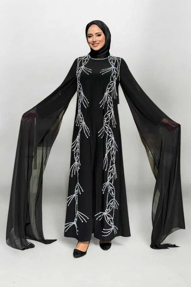 Kolları Pelerinli Taş Detaylı Abiye Elbise 3958 Siyah - 3