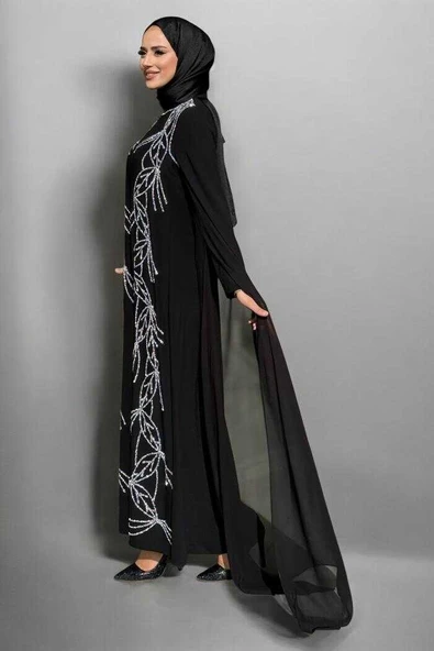 Kolları Pelerinli Taş Detaylı Abiye Elbise 3958 Siyah - 2