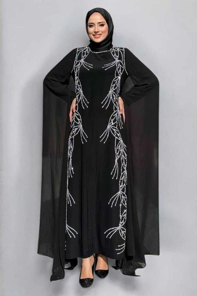 Kolları Pelerinli Taş Detaylı Abiye Elbise 3958 Siyah