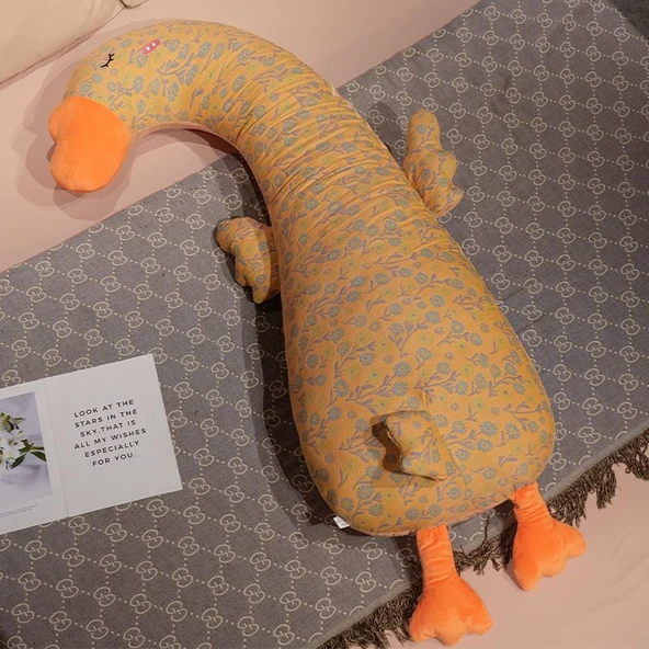Çiçek Desenli Uzun Yastık Peluş Oyuncak - Kaz - 130cm