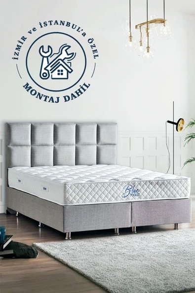 Niron I2 Blue Pocket Yatak Seti Çift Kişilik 160x200 Üst Sınıf Paket Yaylı Yatak Lüks Metal Baza Keten Başlık