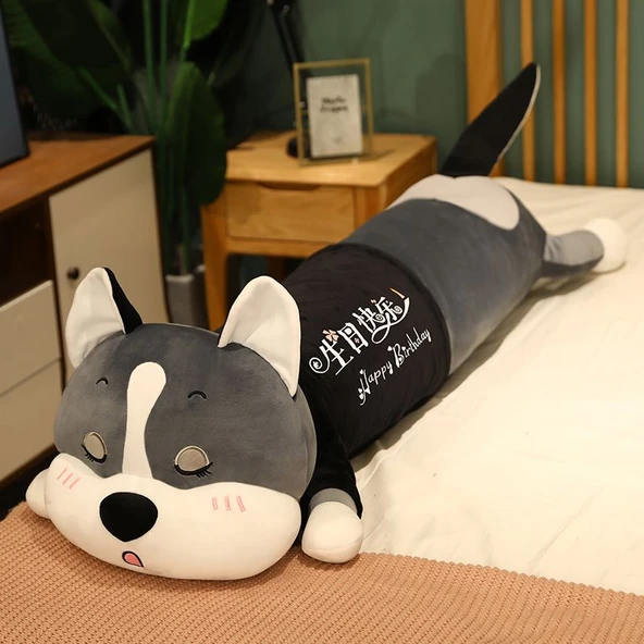 Yıkanabilir Husky Peluş Yastık - Kısık Gözler, Mutlu Doğum Günü - 80cm