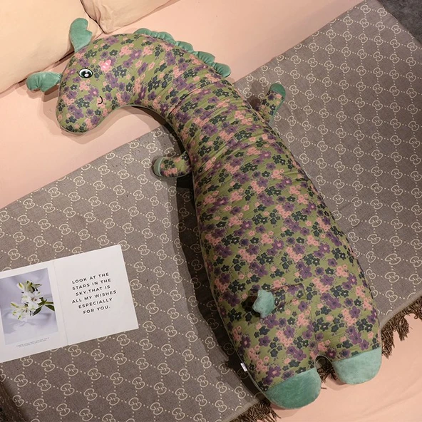 Çiçek Desenli Uzun Yastık Peluş Oyuncak - Dinozor - 100cm