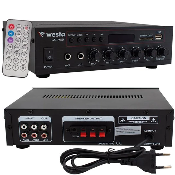 Westa WM-750U 80 Watt 100V-70V Mini 4-16 Ohm USB-SD-Bluetooth 2 Mikrofon Girişli Trafolu Anfi - Resim 9