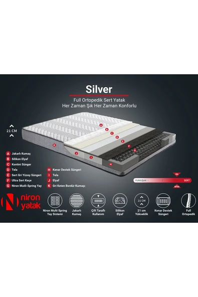 Niron I2 Silver Çift Kişilik Yatak Seti, Full Ortopedik Sert Yatak Kaydırmaz Kumaş Kaplı Metal Baza Ve Başlık - 8