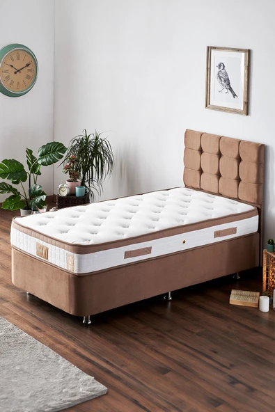 Niron I2 Latte Yatak Seti 90x190 Tek Kişilik Yatak Baza Başlık - Sert Yatak, Kumaş Baza ve Başlık Takımı