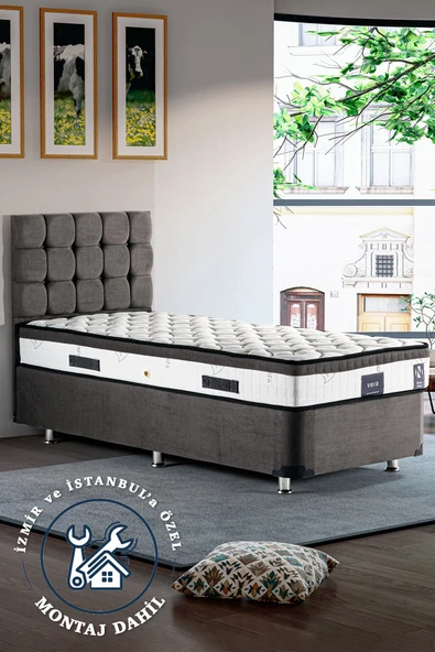Niron I2 Vera Yatak Seti 90x190 Tek Kişilik Yatak Baza Başlık Takımı Aloe Vera Sert Yatak, Metal Baza, Başlık