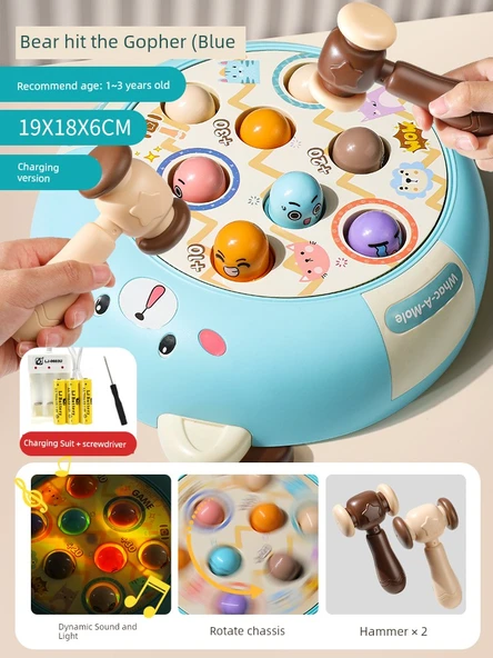 Çocuklar için Whac-A-Mole Oyun Makinesi - Şarjlı Mavi Ayı (2 Çekiç)