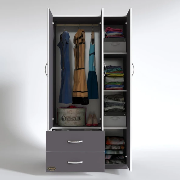 Kenzlife gardırop 3 kapılı 2 çekmeceli fesleğen 180*120*52 gri XLARGE kapaklı gardolap dolap - Resim 2