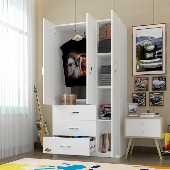 Kenzlife gardırop 3 kapılı 3 çekmeceli civanperçemi 180*120*52 byz XLARGE kapaklı gardolap dolap