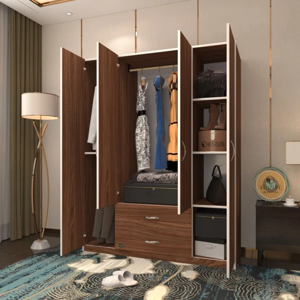 Kenzlife gardırop 4 kapılı 2 çekmeceli deligül 180*160*52 cvz XLARGE kapaklı gardolap dolap