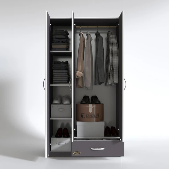 Kenzlife gardırop 3 kapılı 1 çekmeceli hanımeli 180*120*52 gri XLARGE kapaklı gardolap dolap - 2