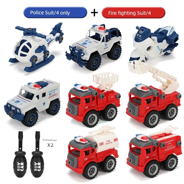 Çocuklar için Sökme ve Montaj Oyuncak Araba - Polis Aracı + Yangın Söndürme 8+2 Tornavida