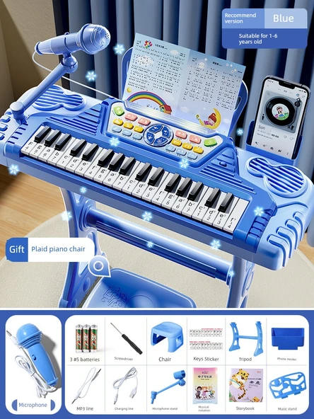 Çocuk Elektronik Piyano Klavye Oyuncağı - Enjoy Edition Mavi ve Tabure