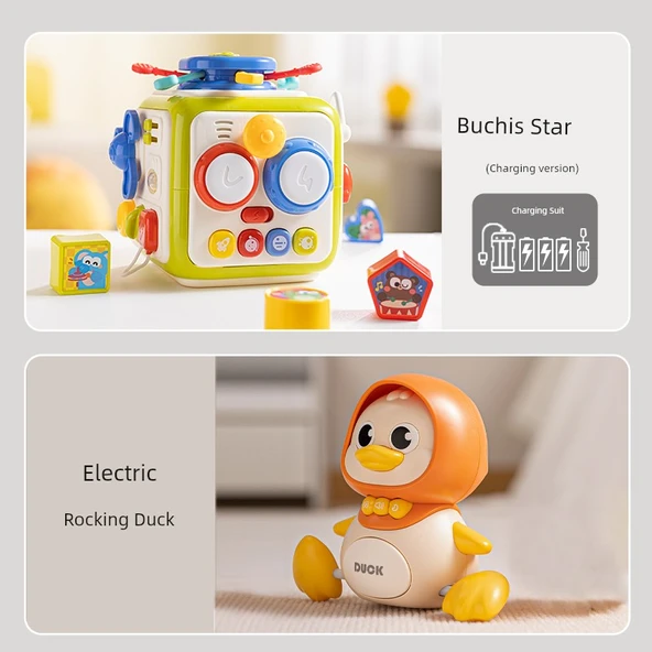 Bebek Altıgen Erken Eğitim Müzik Oyuncağı - 7 Yüzlü Oynama - Buchis Yıldız (Şarjlı Versiyon) + Elektrikli Salıncak Ördek