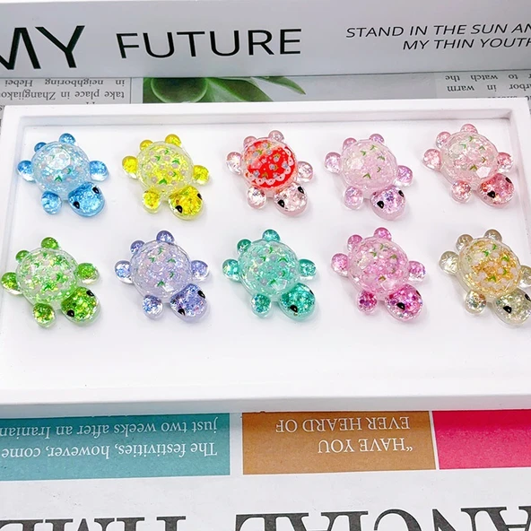 Kum Işıklı Mini Kaplumbağa Sürpriz Çantası Oyuncak - Hit Stil Orta Boy Parlak Kristal Çiçek Kaplumbağa 10 Karışık 3.3cm - 5