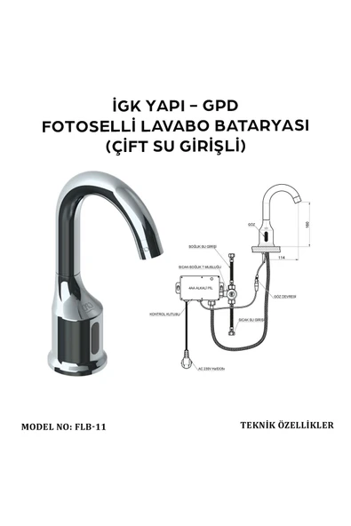 GPD Fotoselli Lavabo Bataryası Çift Su Girişli FLB11 - Photocell Sink Mixer - 4