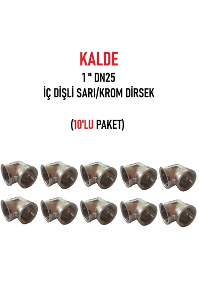 KALDE  (10'lu Paket) 1" Dn25 Sarı/Krom Dirsek İç Dişli (Dişi) - Brass İnternal Thread Elbow