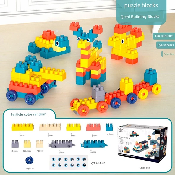 Büyük Parçalı DIY Yapı Blokları - 140 Parça - Renkli Kutu + Çıkartma