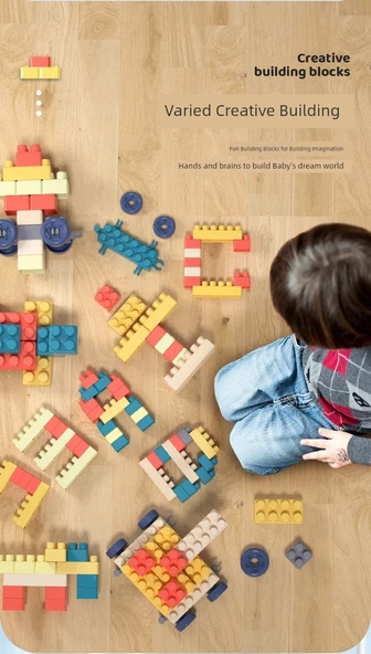 Büyük Parçalı DIY Yapı Blokları - 140 Parça - Renkli Kutu + Çıkartma - 10