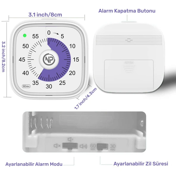 NPO NPT31B Mutfak,Ders,Yemek için 60dk Analog Alarm Zamanlayıcı,Pomodoro Öğrenci Motivasyon Saati - 3