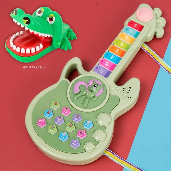 Çocuk Müzik Aleti Oyuncak Gitar - Yeşil - Yeni Büyük Timsah ile - Pil Dahil