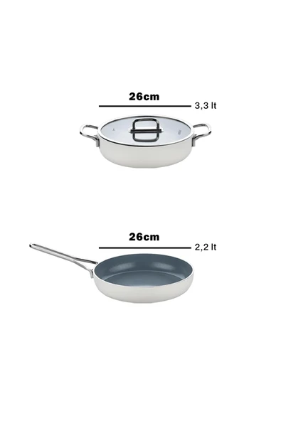 3 Parça Sera Pratik Yanmaz Yapışmaz Seramik Basık Tencere Tava Seti 26 cm – Beyaz - 5
